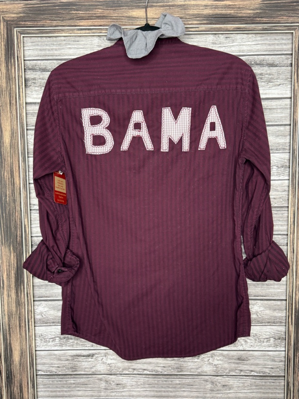 UpCycled Reworked Handmade Maroon Ruffle-Collar Button-Down Shirt with BAMA Back - Picture 3 of 3